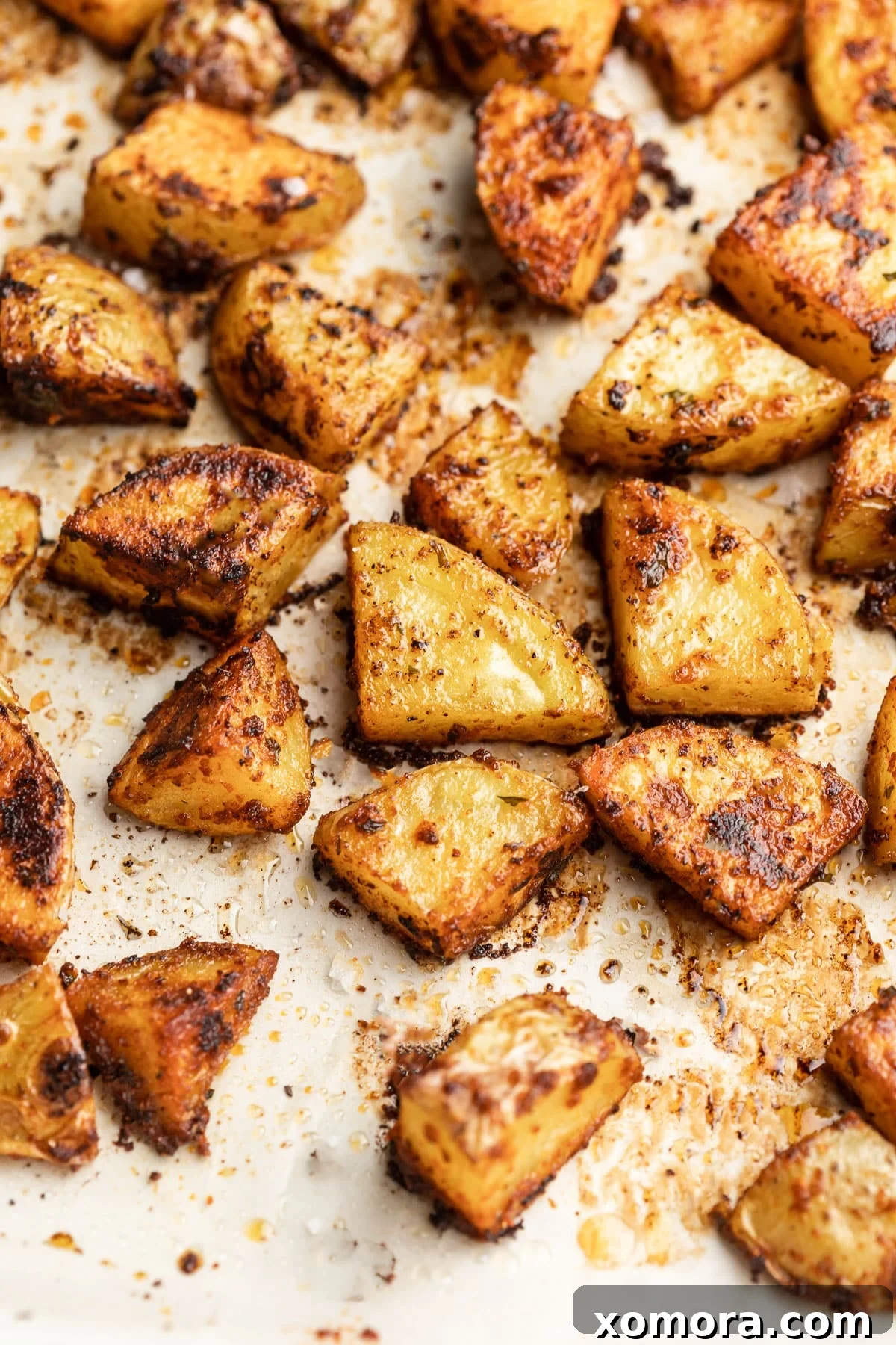 Golden Crispy Oven Potatoes 2 Crispy golden brown roasted potatoes on a baking sheet