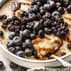 Double Blueberry Steel Cut Oats ready to serve.