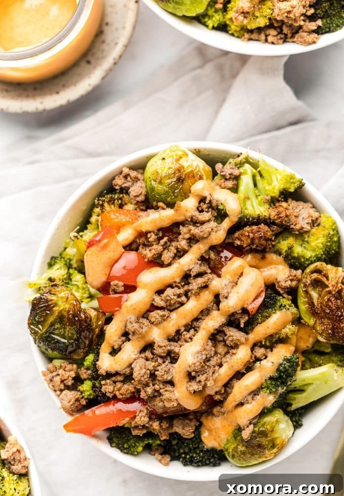 Savory Beef and Vegetable Bowls with Tangy Comeback Sauce 4 Finished Beef and Veggie Bowls with Comeback Sauce