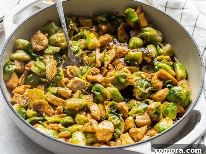 Savory Skillet Chicken and Roasted Brussels Sprouts 4 A dish of Skillet Chicken & Brussels Sprouts ready to be served, garnished with fresh parsley.