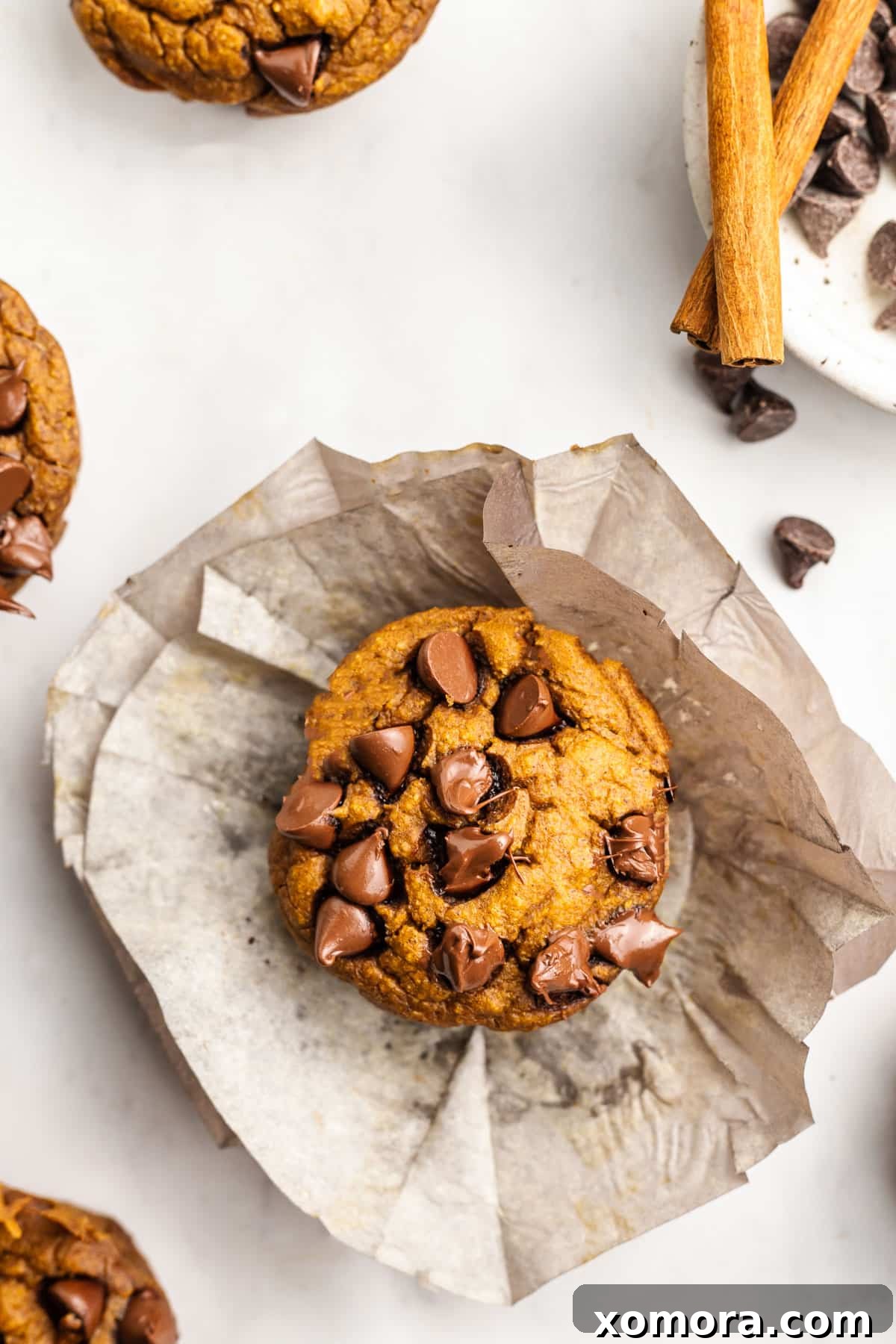 Wholesome Pumpkin Oat Muffins 6 Close-up of a pumpkin oat muffin being held, showcasing its soft interior and chocolate chips