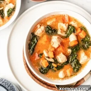 A beautifully presented bowl of Instant Pot Buffalo Chicken Sweet Potato Soup, garnished and ready to be served.
