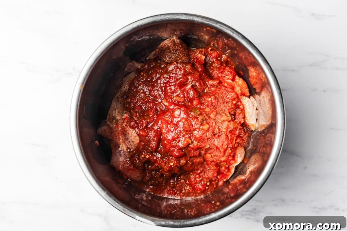 Effortless Instant Pot Shredded Salsa Chicken 3 A bowl of freshly shredded salsa chicken, rich in color and texture, ready to be served.