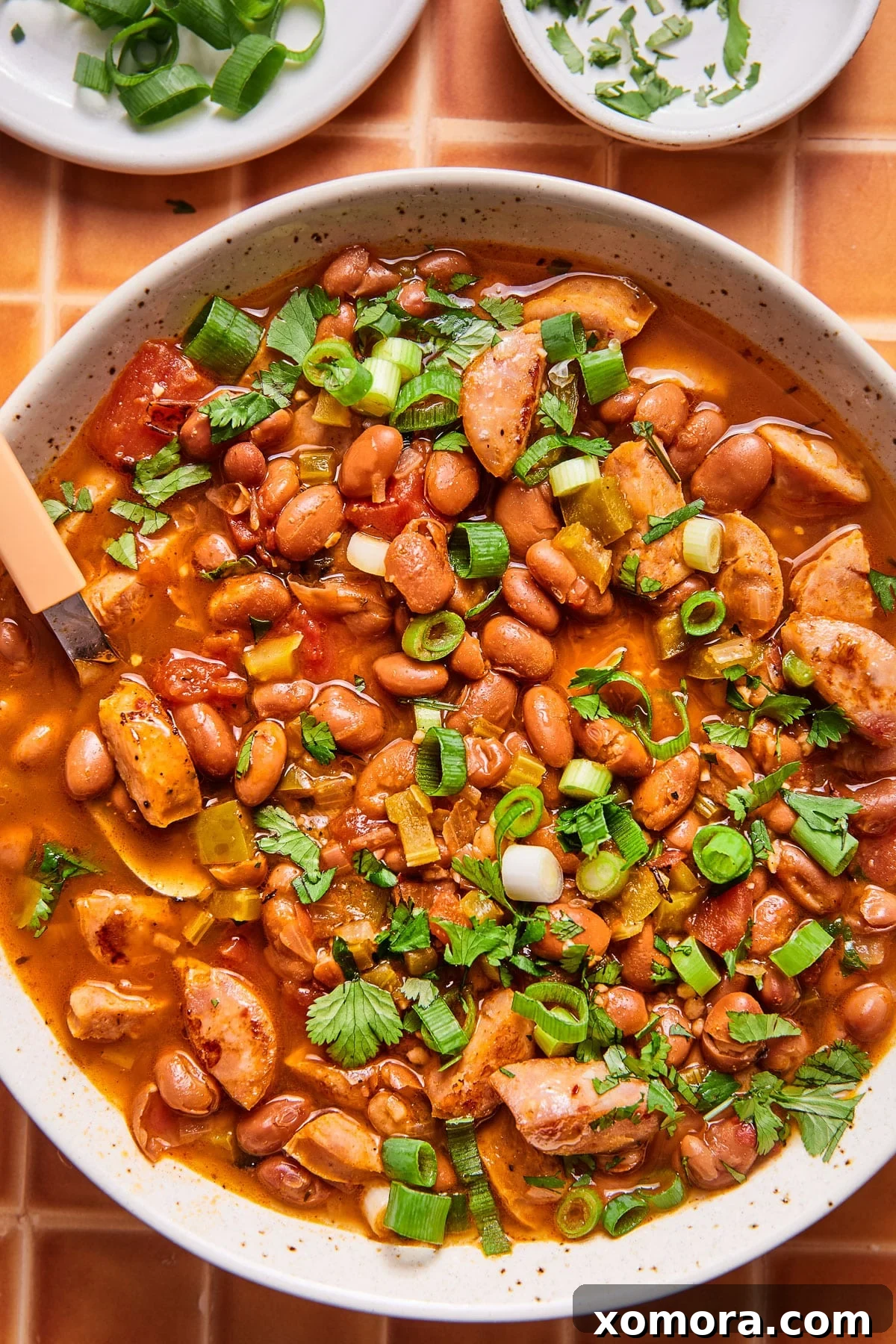 Effortless Sausage and Pinto Bean Stew 2 A bowl of delicious sausage and pinto bean soup garnished with fresh herbs.