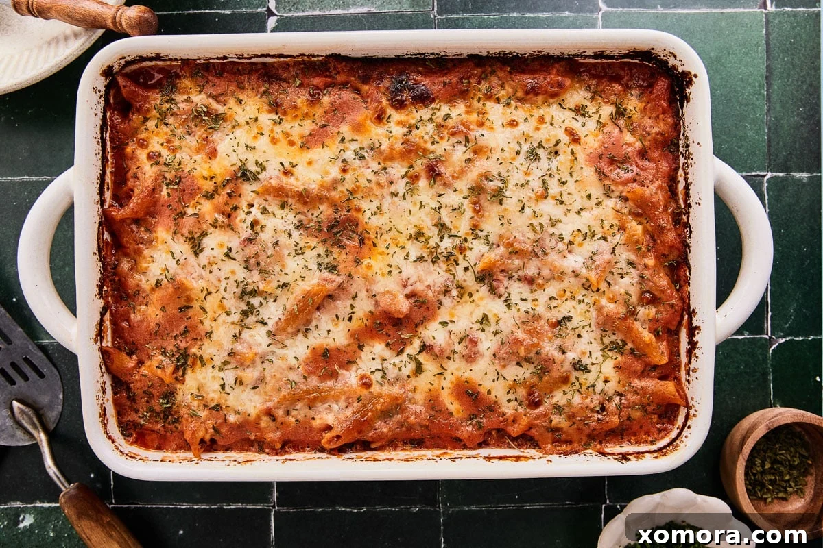 Leftovers of the Lazy Lasagna Penne Bake in an airtight container, ready for easy meal prep or storage.