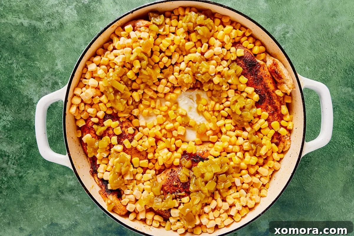 Skillet Chicken with Street-Style Corn and Cilantro Lime Rice 4 Chicken topped with cotija and cilantro